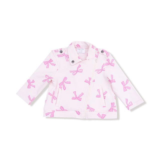 Pink motorcycle style jacket with bow pattern on a white background