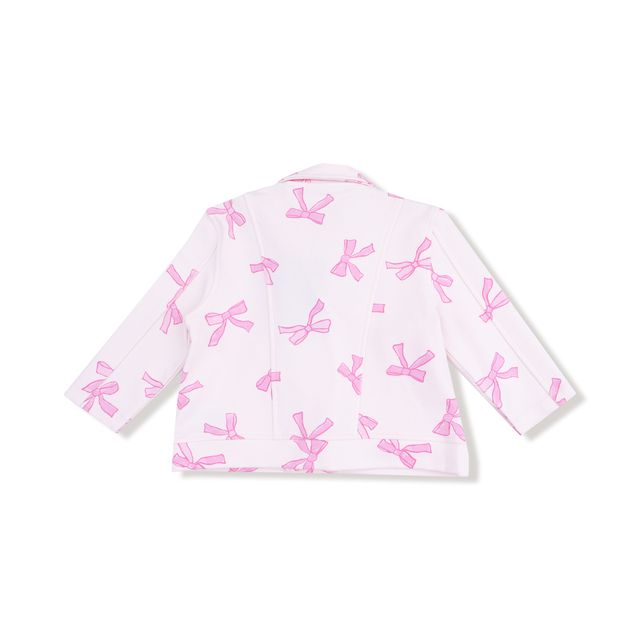 back of pink motorcyclestyle jacket with pink bow print all over the jacket. 