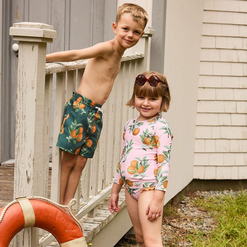 Boys Swimwear | Trunks- Green Botanical Oranges | Pink Chicken - The Ridge Kids