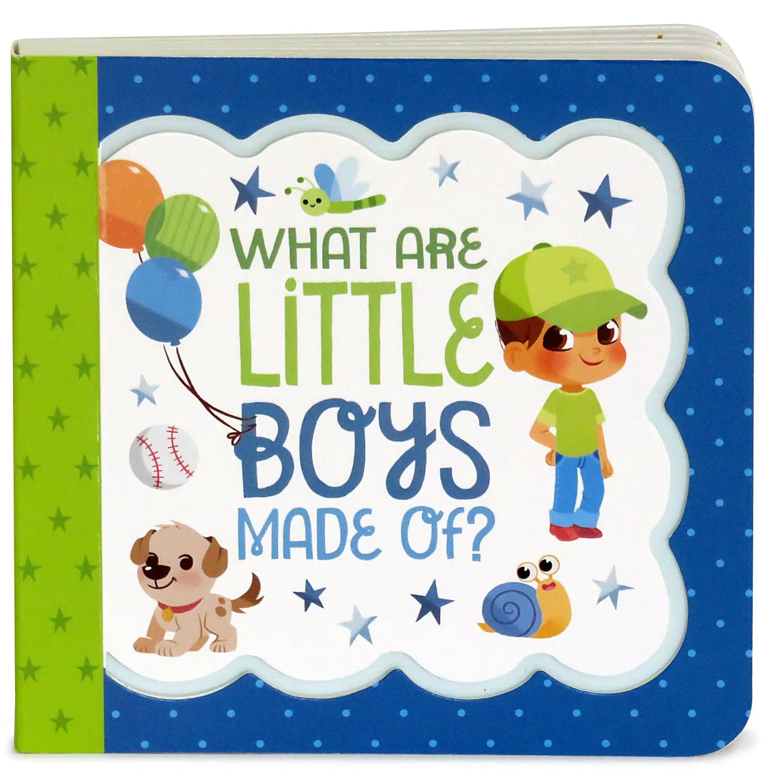 Children's book titled 'What Are Little Boys Made Of?' with illustrations of a boy, dog, and balloons on a blue and green background.