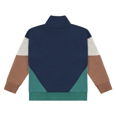 back of sweatshirt. high neck, color blocking. Navy base with beige and caramel sleeves and a green bottom. 