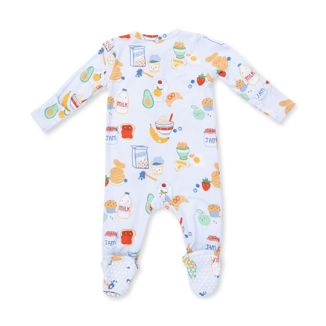 back of the baby footie in blue with breakfast items with happy faces on them. 