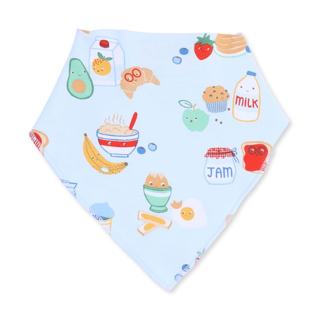 blue breakfast club bib with breakfast items with little happy faces on them. 