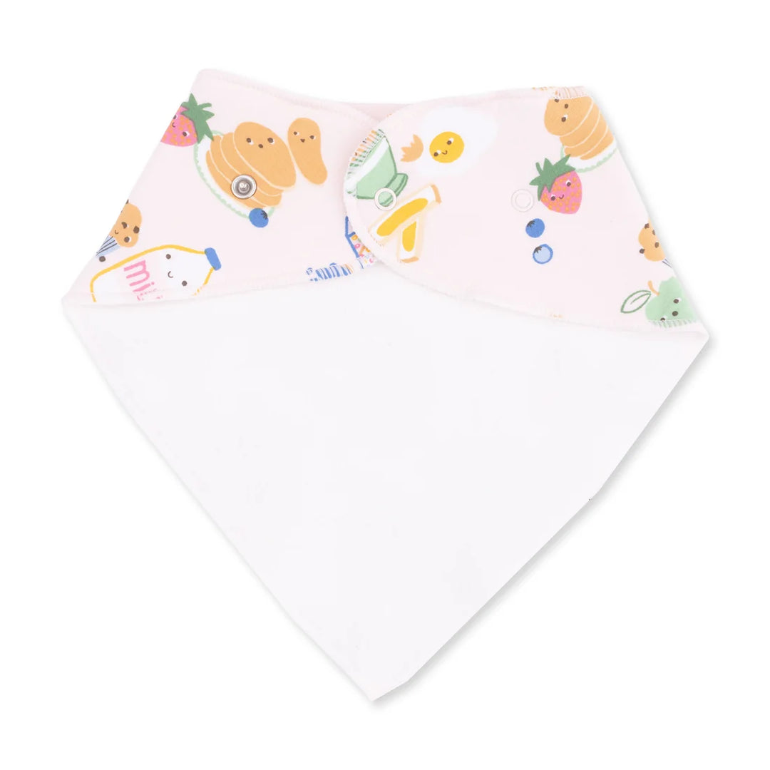 A baby bandana bib with a light pink patterned top and a solid white reverse side, shown on a clean white background.