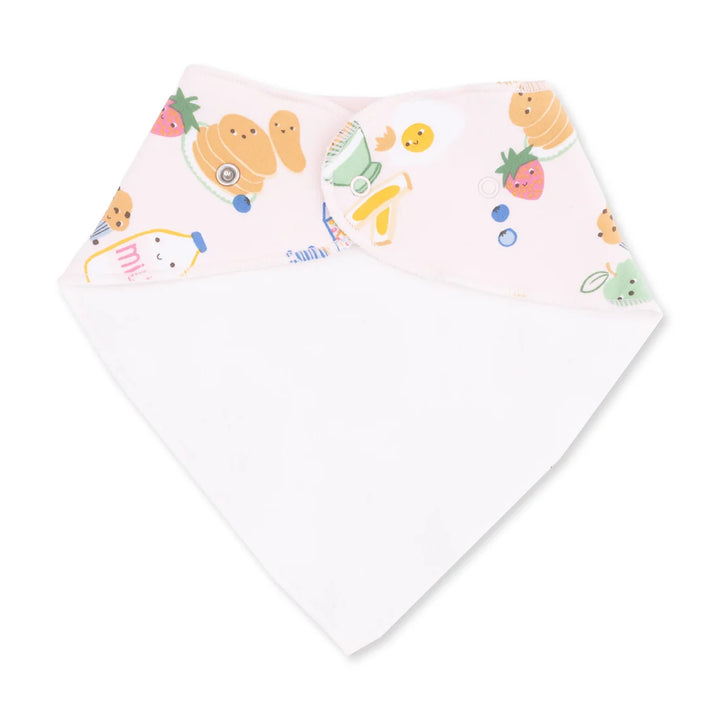 A baby bandana bib with a light pink patterned top and a solid white reverse side, shown on a clean white background.