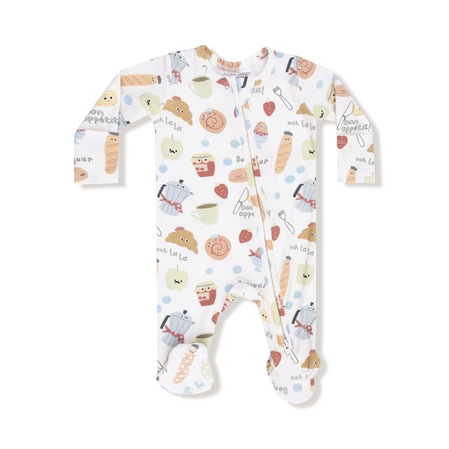 Baby onesie with a cute french food pattern on a white background