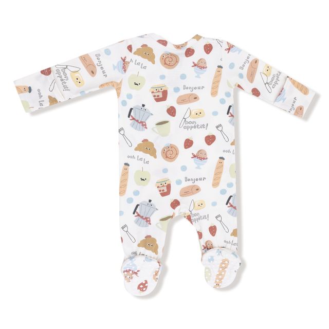 Baby onesie with food-themed print on a white background