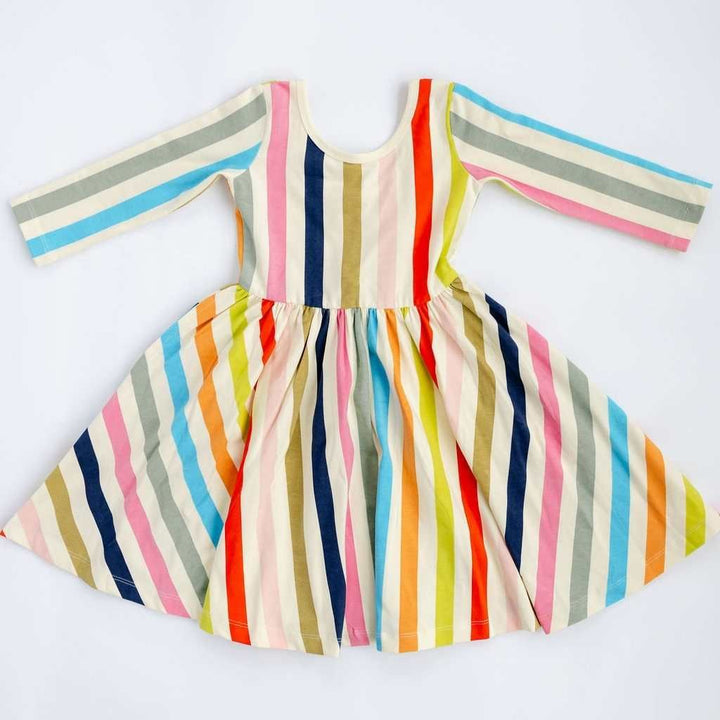 Colorful striped dress with long sleeves on a white background