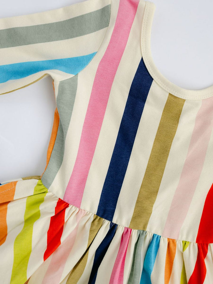 Colorful striped dress with various horizontal stripes on a white background