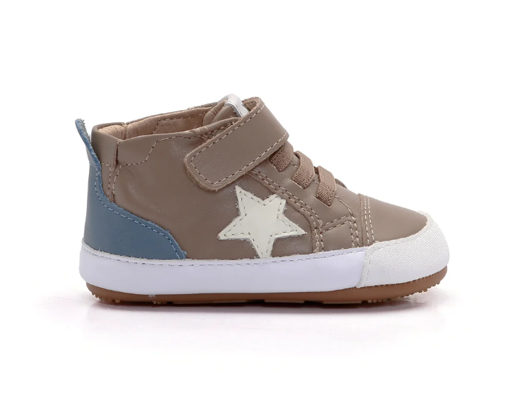 A single toddler's high-top sneaker shown in profile against a white background. The shoe features a taupe-brown upper with a light blue heel accent, a white star patch on the side, a white midsole, and a brown outsole.
