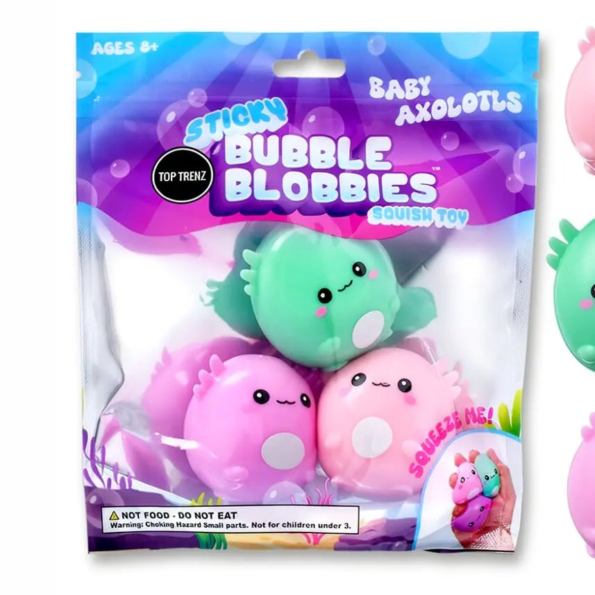 axolotyl sticky bubble blobbies in three colors. 