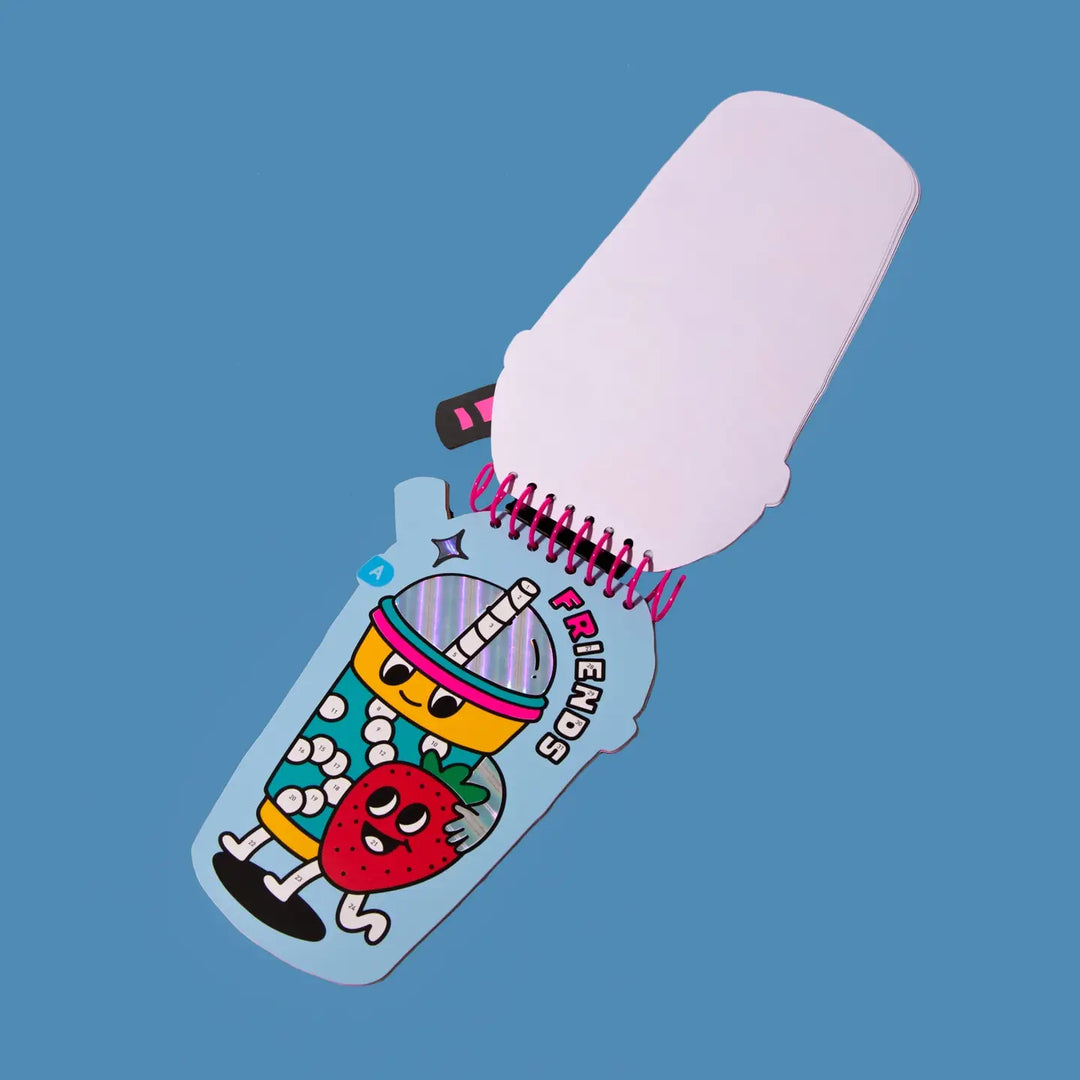 inside pages of a bubble tea walking arm in arm with a strawberry