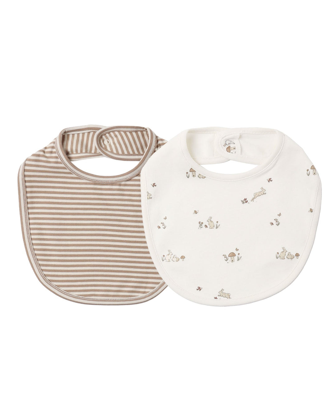 Two baby bibs on a plain white background. One bib is beige and white horizontally striped, and the other is off-white with a delicate beige floral and bunny print.