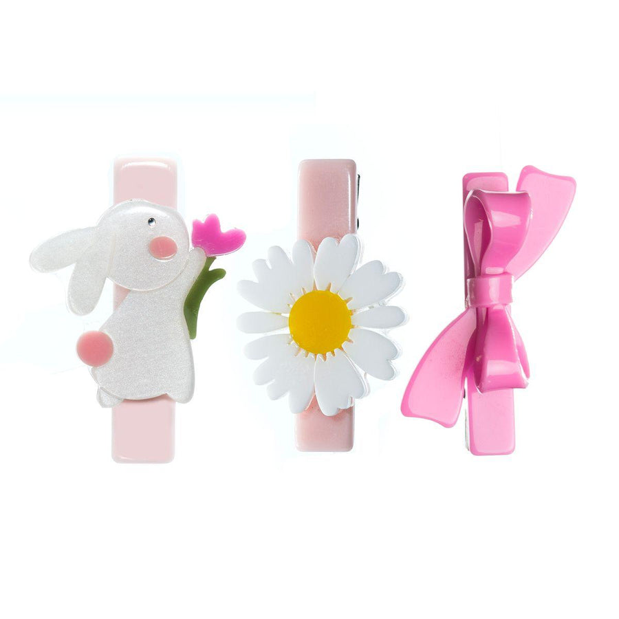 set of 3 hair clips: one bunny, one daisy and one pink bow. 