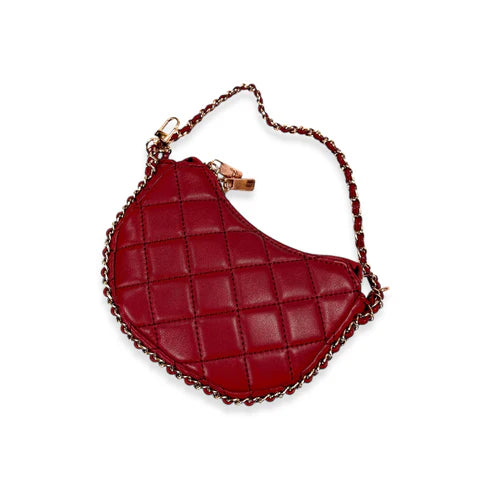 Burgundy quilted handbag with chain strap on a white background