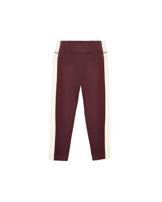 Burgundy pants with white stripes on a white background