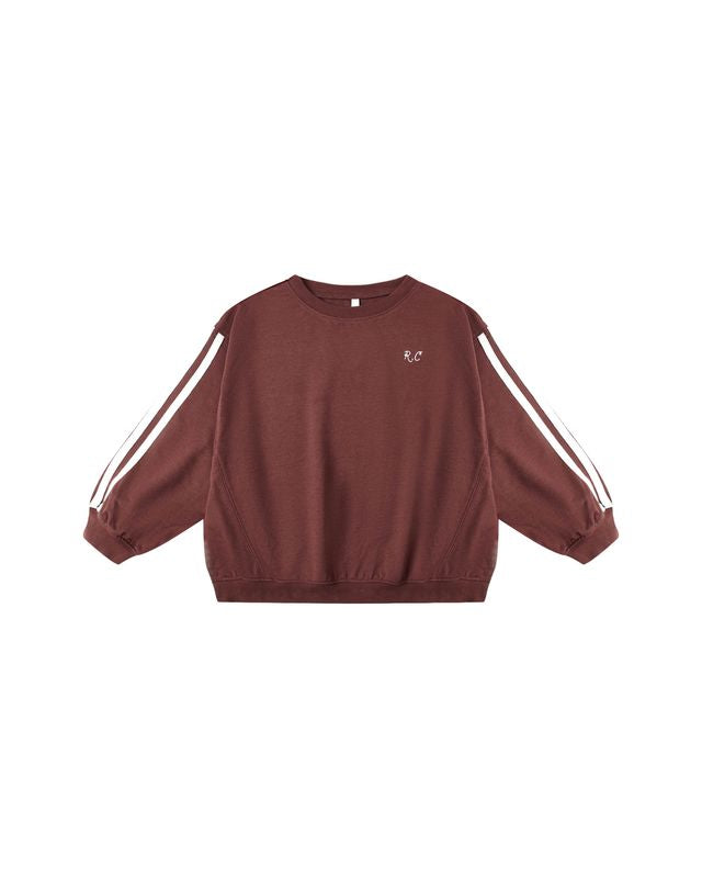 Burgundy sweatshirt with white stripes on sleeves on a white background