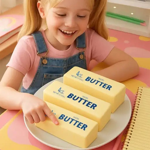 Child with a plate of butter blocks in a colorful room