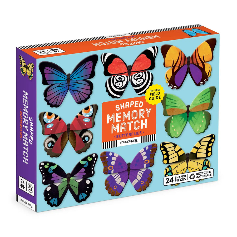 Box of Shaped Memory Match butterfly game with colorful butterfly illustrations on a blue background