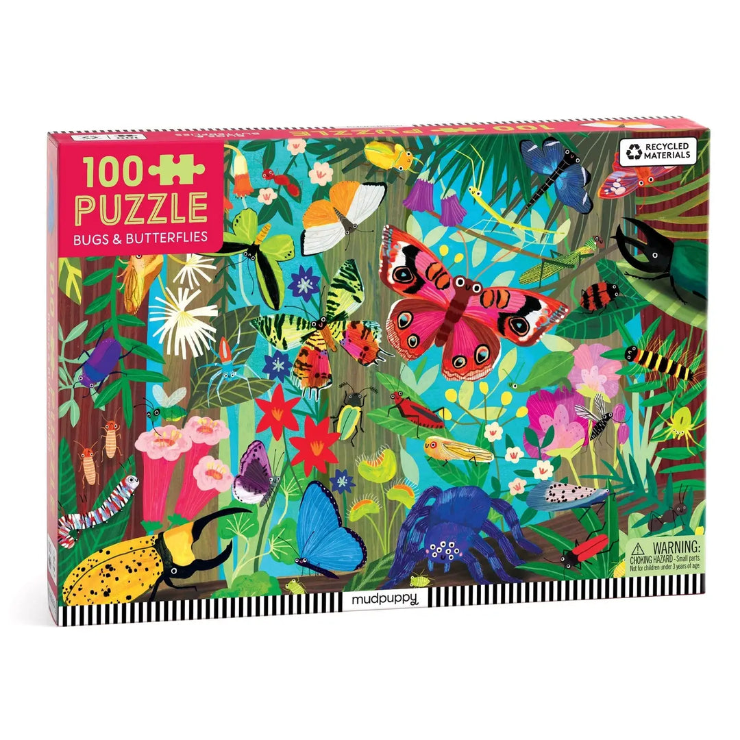 Puzzle box with colorful design of bugs and butterflies on a white background