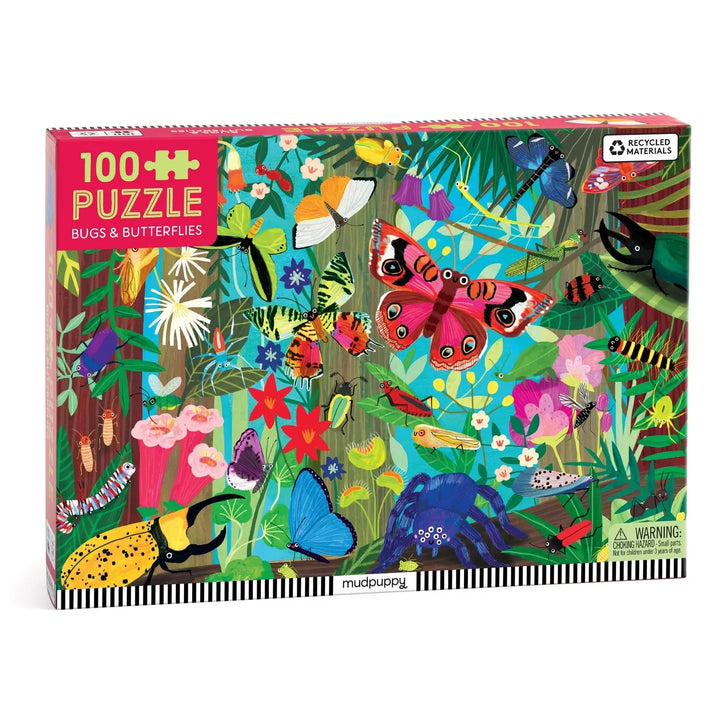 Puzzle box with colorful design of bugs and butterflies on a white background