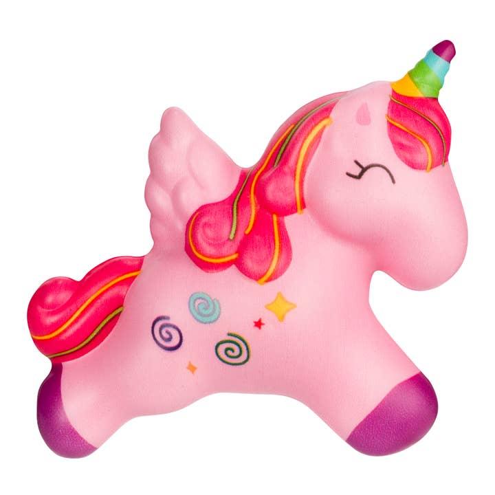 squishy unicorn outside of package. pink unicorn with hot pink hair, purple hooves and rainbow horn. 