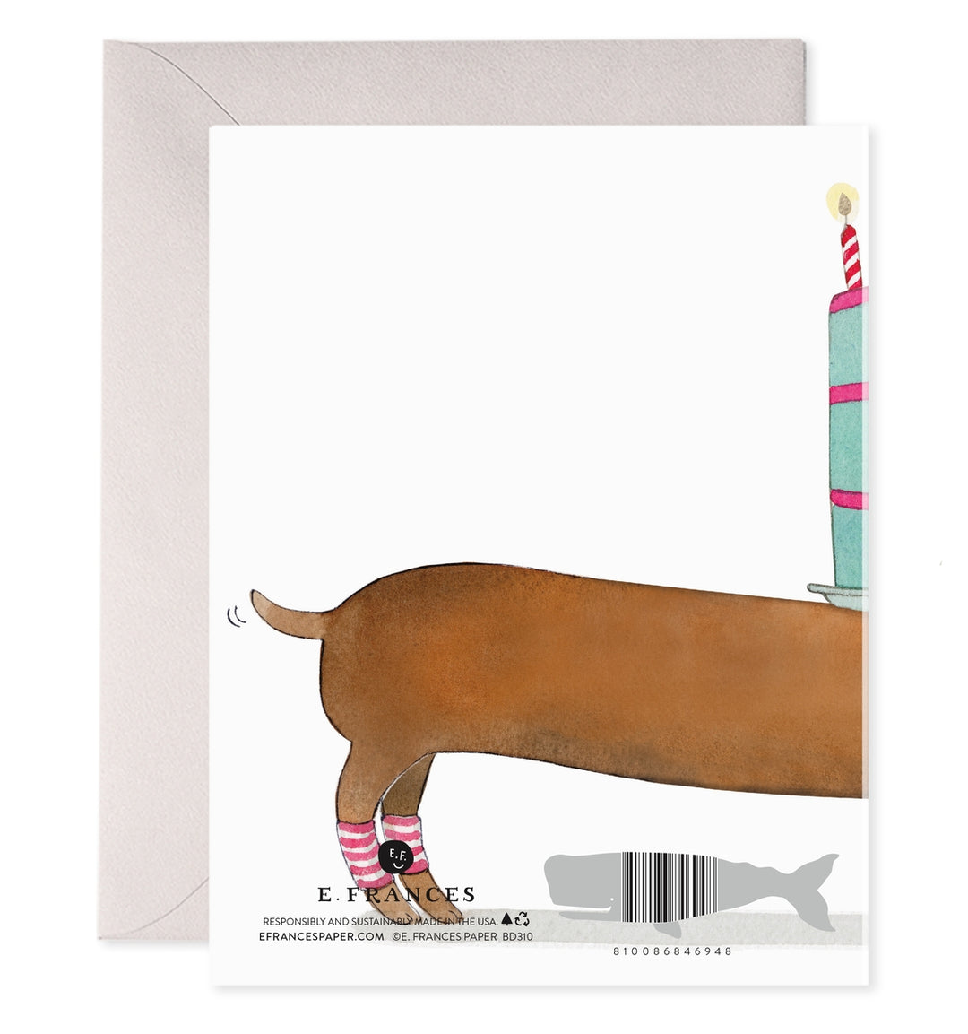 Illustration of a dachshund with striped socks and a birthday cake, with 'E. Frances' branding.