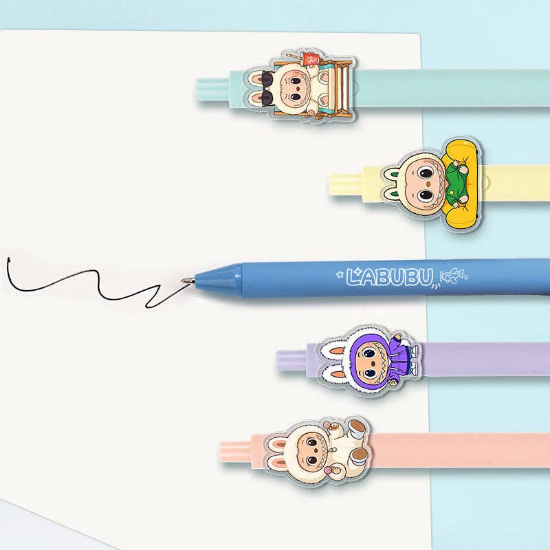 Set of colorful pens with cartoon character clips, retractable pens. 