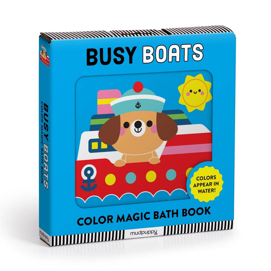 Color magic bath book titled 'Busy Boats' with a dog character on the cover.