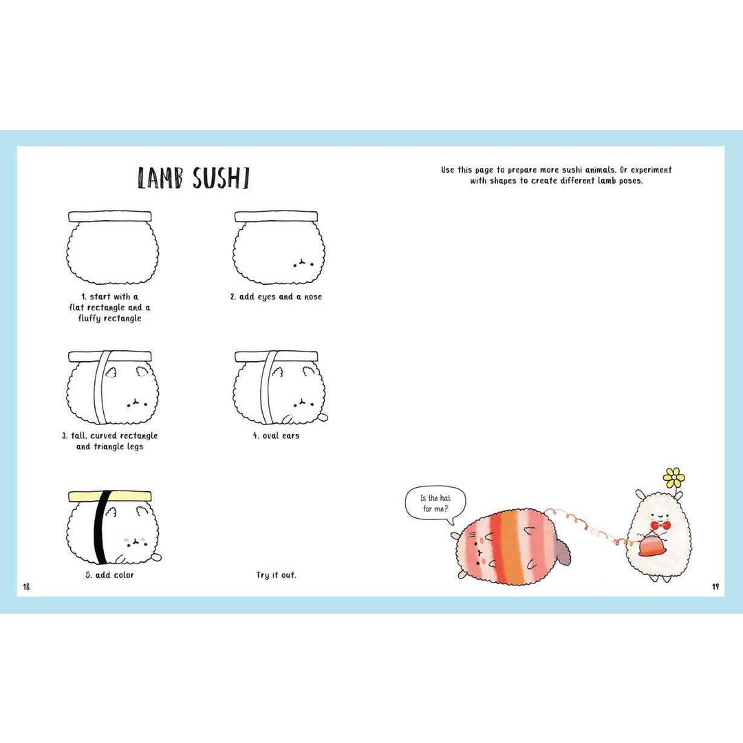 inside pages showing how to draw a lamb sushi