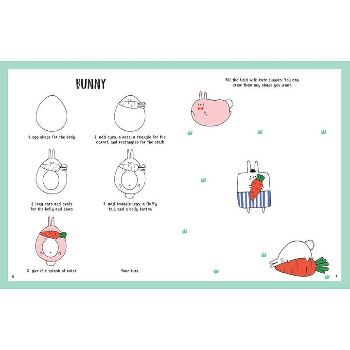 inside pages showing how to draw a bunny holding a carrot. 