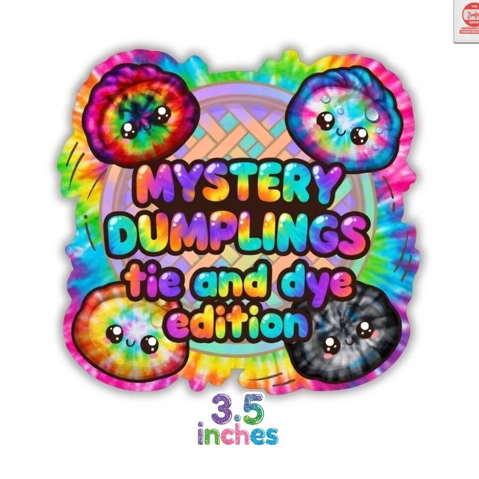 Colorful tie-dye dumpling-shaped product with text 'Mystery Dumplings tie and dye edition' on a white background.