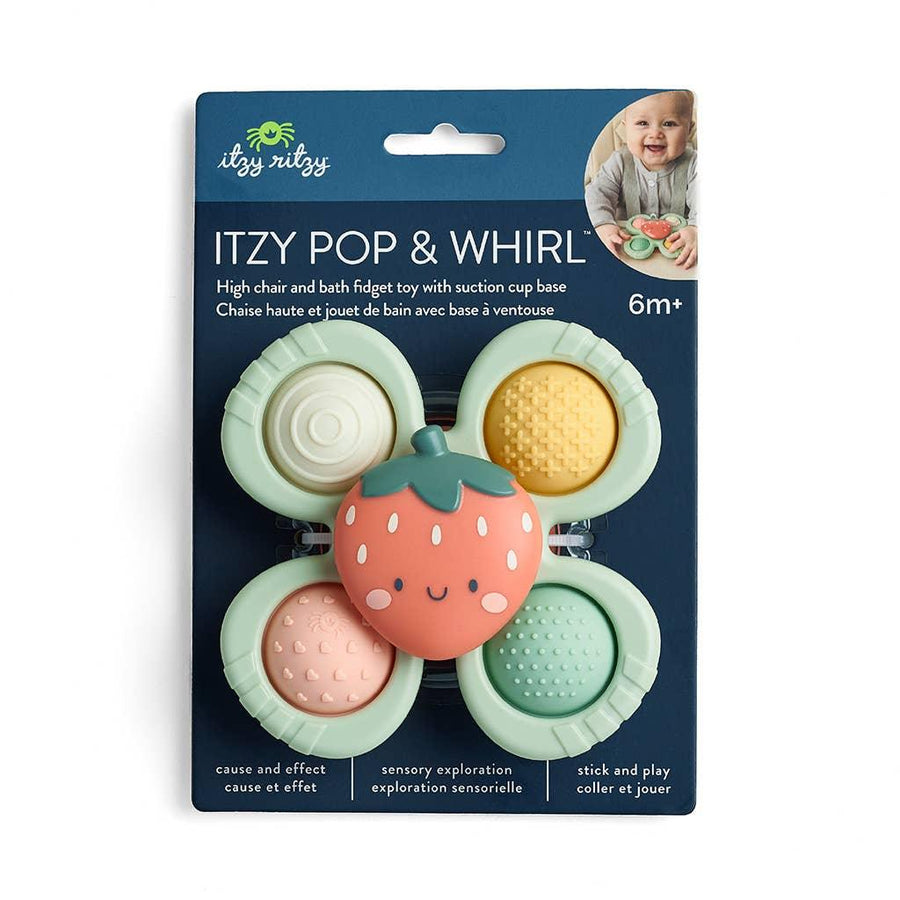 pop and swirl teething toy with a suction cup on the back of the toy with a strawberry in the center of it. 