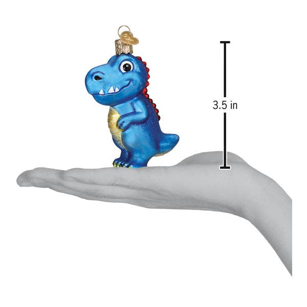 Blue dinosaur ornament held in a hand with a measurement label indicating its size.