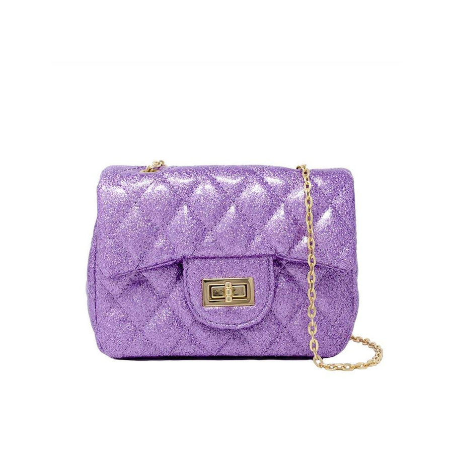 quilted purple glitter handbag with front push lock and gold linkchain. 