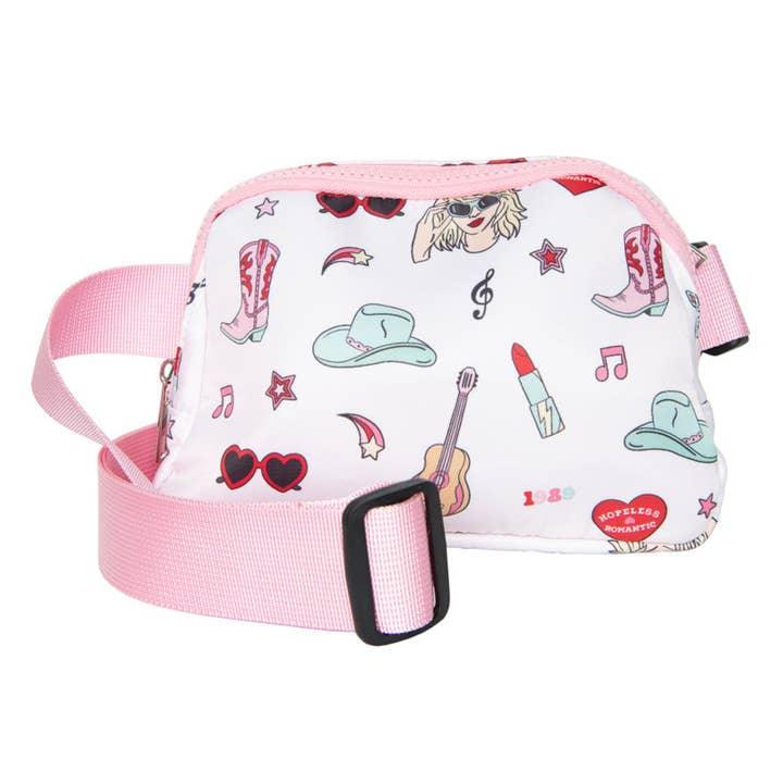 belt bag/fanny pack with pink adjustable strap. print is Taylor swift inspired with cowboy hat, guitar, heart shaped sunglasses, red lips and drawing of Taylor Swift's face. 