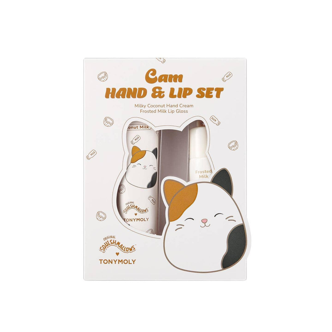 hand cream and lip set with a squishmallow cat theme. shows the packaging it comes in. 