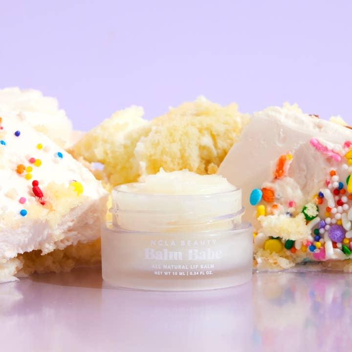 cake batter lip balm in a jar, beige in color and cake batter scent