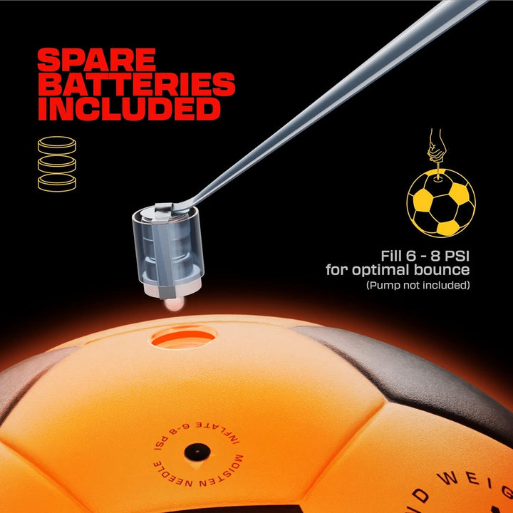 Orange soccer ball with spare batteries included text and pump illustration on a black background