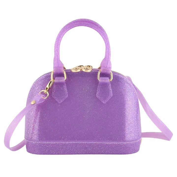 purple sparkly handbag with detachable strap. jelly tote