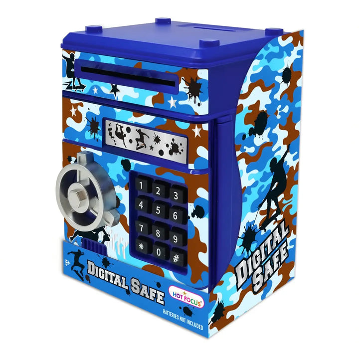 A toy digital cash register safe with a blue top and base, decorated with a blue, brown, and white camouflage pattern featuring black silhouettes of sports players and the words 'DIGITAL SAFE'. It has a simulated keypad and a dial lock on the front.