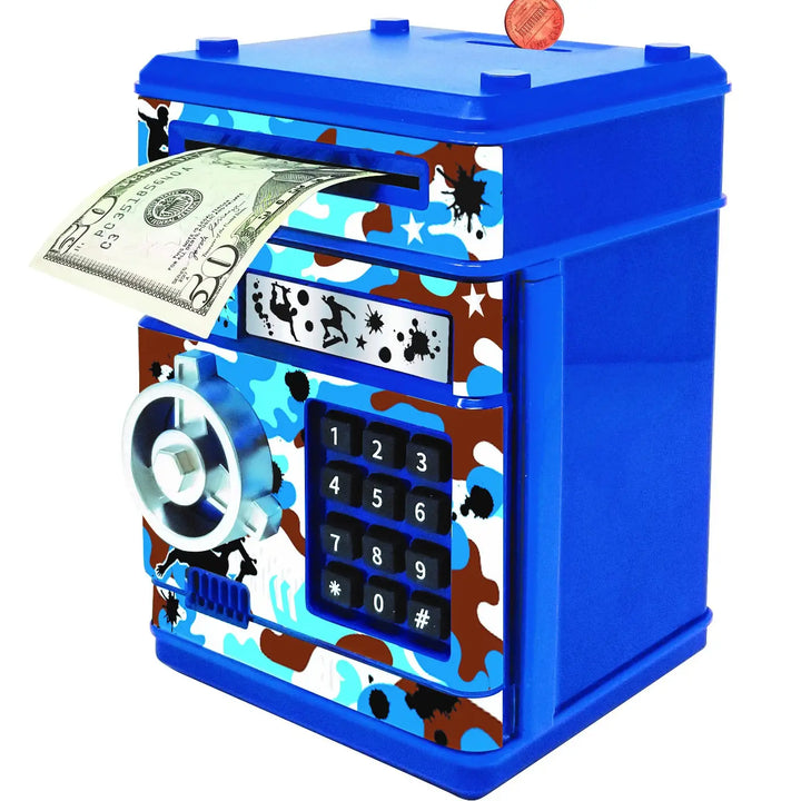 A blue toy safe with a camouflage-style front panel, numeric keypad, combination dial, and a U.S.