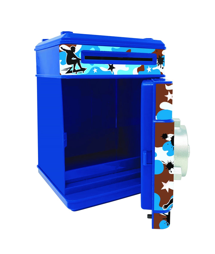 A blue plastic storage box with a hinged door, shown open. The door and top panel feature a decorative pattern of black silhouettes, white stars, and blue and brown shapes on a white background.