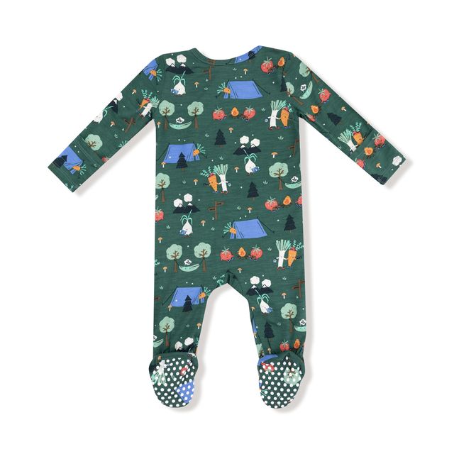 Green baby onesie with camping pattern on the onesie. vegetables camping 