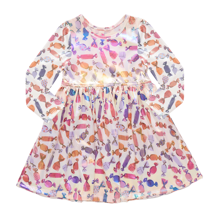 Children's dress with colorful candy pattern on a white background