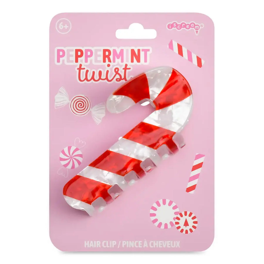 A peppermint twist hair clip in red and white striped translucent plastic, mounted on a pink retail card labeled 'PEPPERMINT twist' with candy graphics.