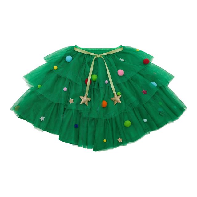 Green tulle cape with Christmas  decorative elements on a white background