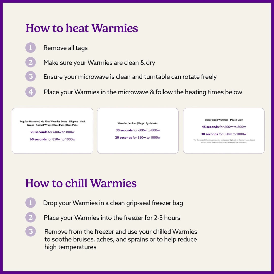 An informational graphic with a purple border and headings reading 'How to heat Warmies' and 'How to chill Warmies,' plus numbered steps and three small temperature/time reference cards on a light beige background.
