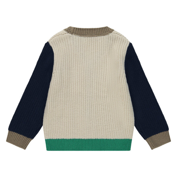 Back view of a children's sweater with color-blocked design on a white background