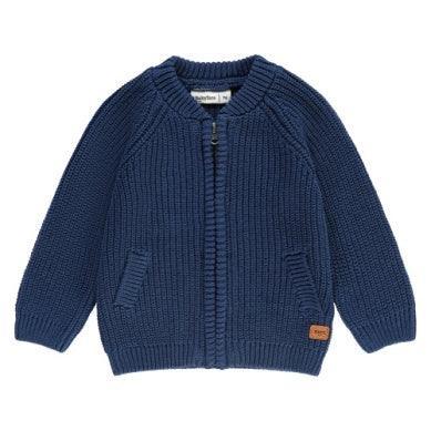navy cardigan sweater, two pockets on the side and functional zipper. crew neck collar. 